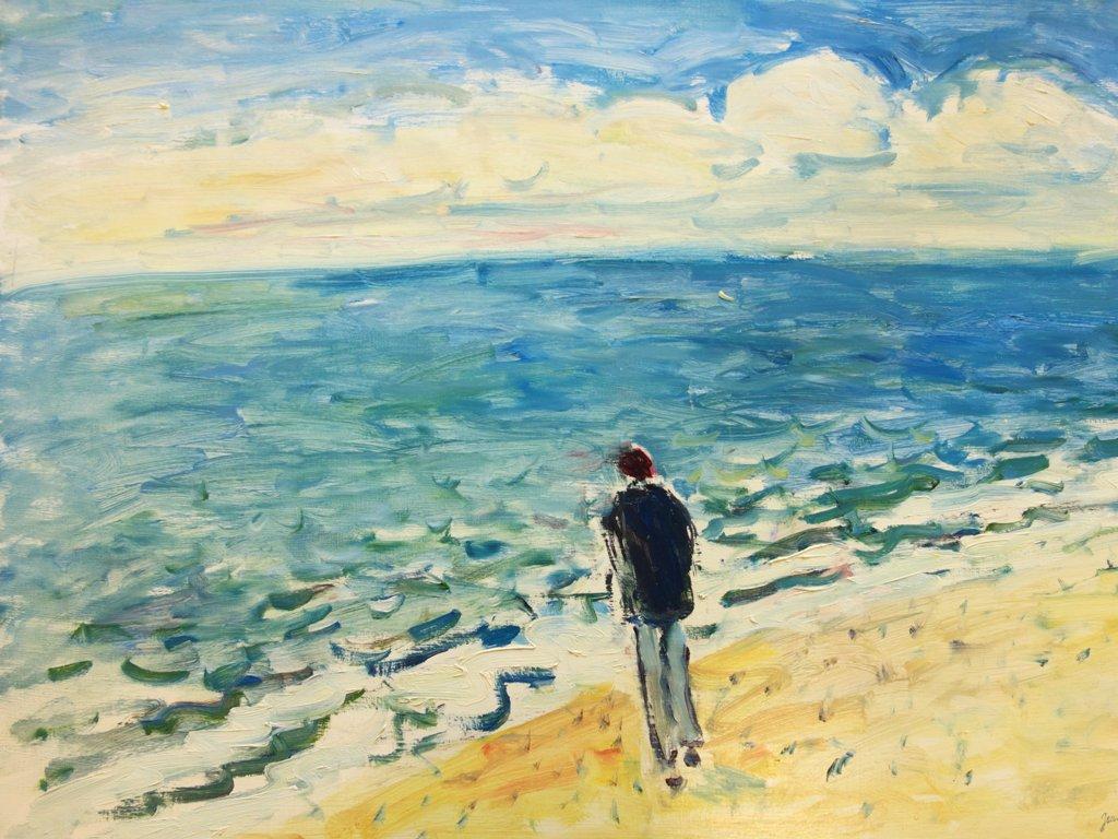 Landscape Painting Jean Jacques Rene - Travel, In Front of the Atlantic Ocean - Huile sur toile signée