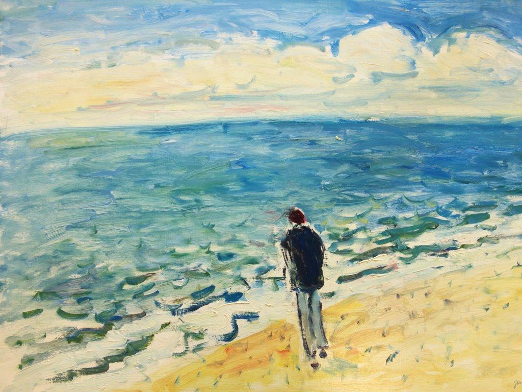 Landscape Painting de Jean Jacques Rene - Viaje, Frente al Océano Atlántico - Óleo Sobre Lienzo Hansigned