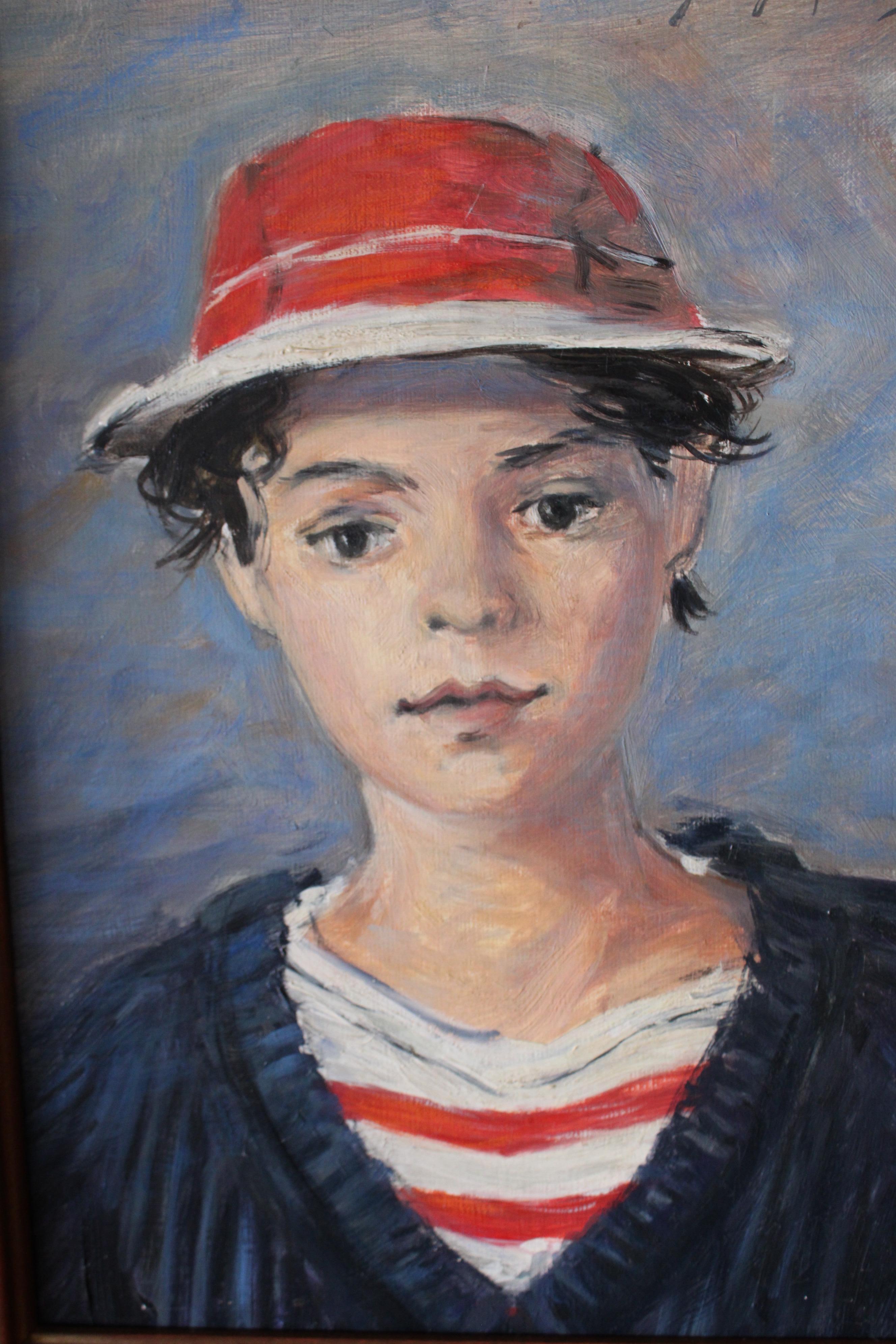 Ritratto d'epoca di un giovane marinaio con un cappello rosso - Painting di Jean Jacques Rene