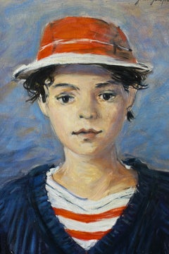 Vintage Portrait Maritime oil painting of a young sailor boy in a red hat