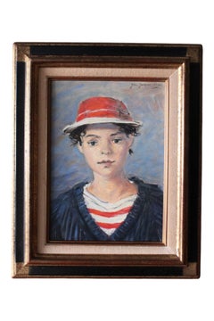 Vintage Portrait painting of a young sailor boy in a red hat