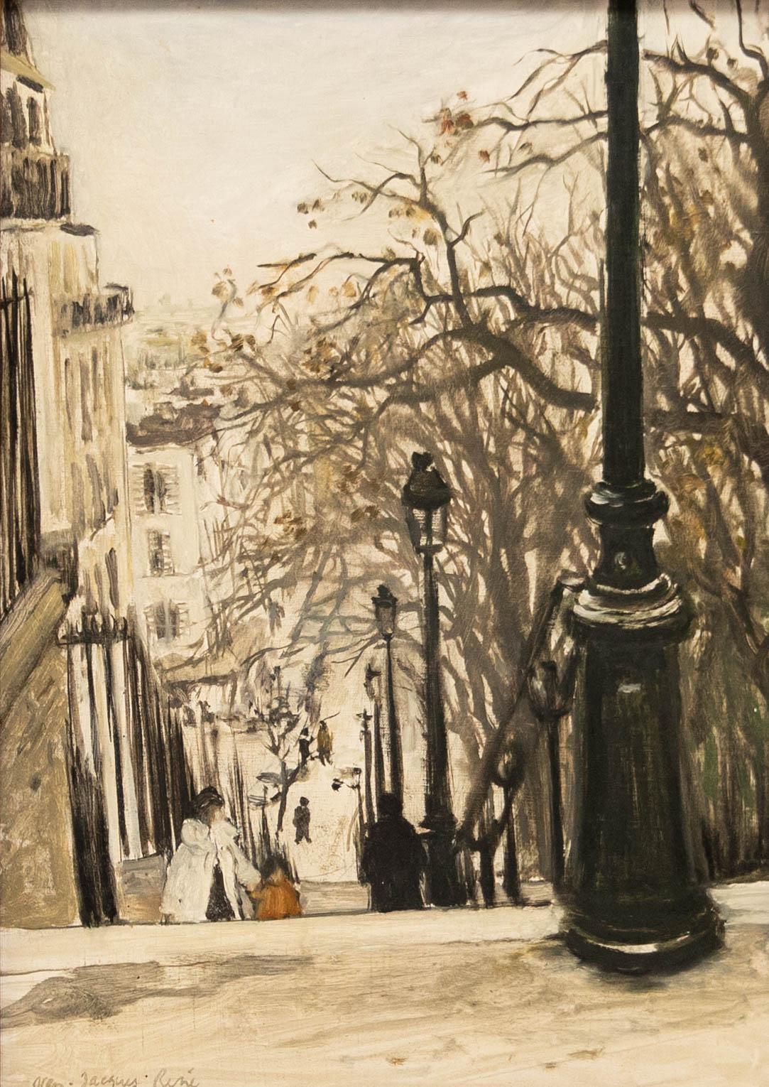 Jean-Jacques Rene (n.1943) - Escuela francesa Siglo XX Óleo, Rue Du Mont Cenis - Painting de JEAN-JACQUES RENE (b.1943) 