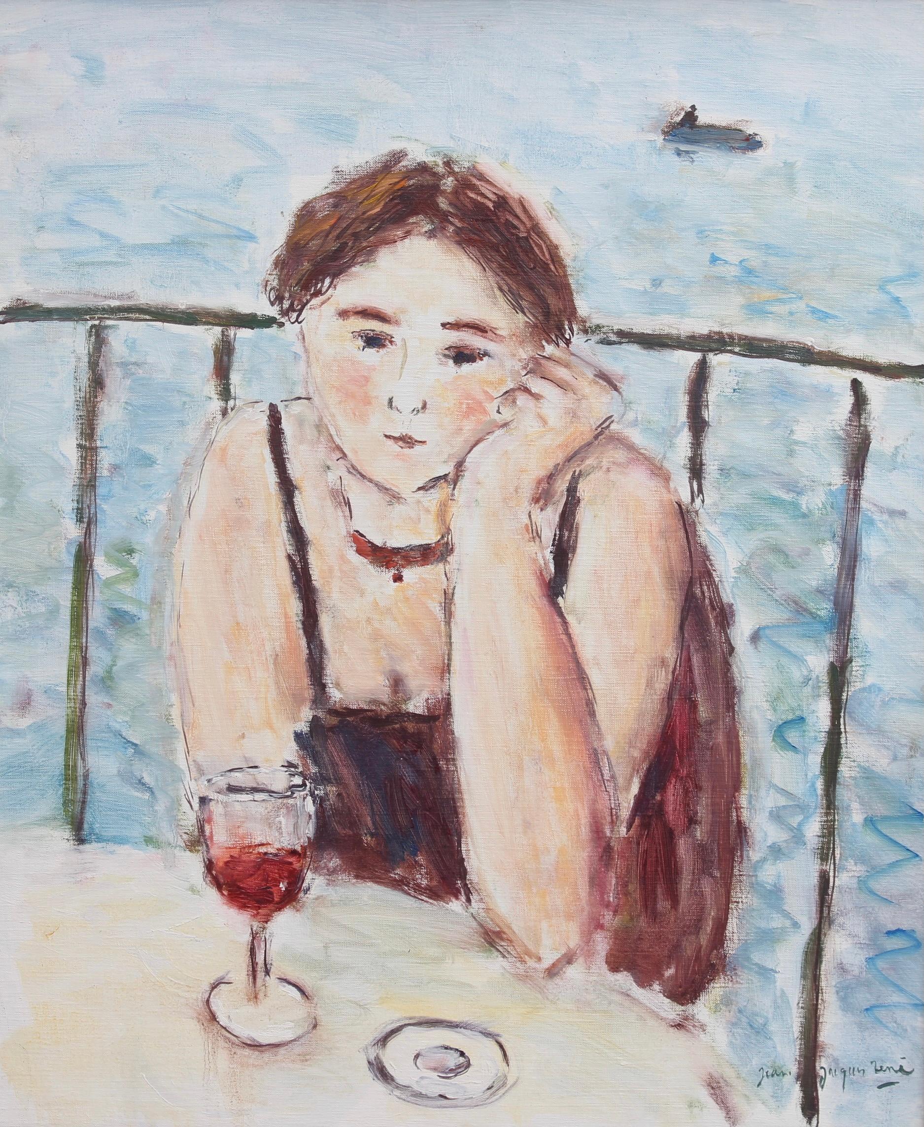 Terrasse en bord de mer, huile sur toile, par Jean-Jacques René (vers les années 1980). Une femme mélancolique est assise sur une terrasse, la mer dans son dos, un canot pneumatique et son unique marin passant derrière elle. Son verre de vin à