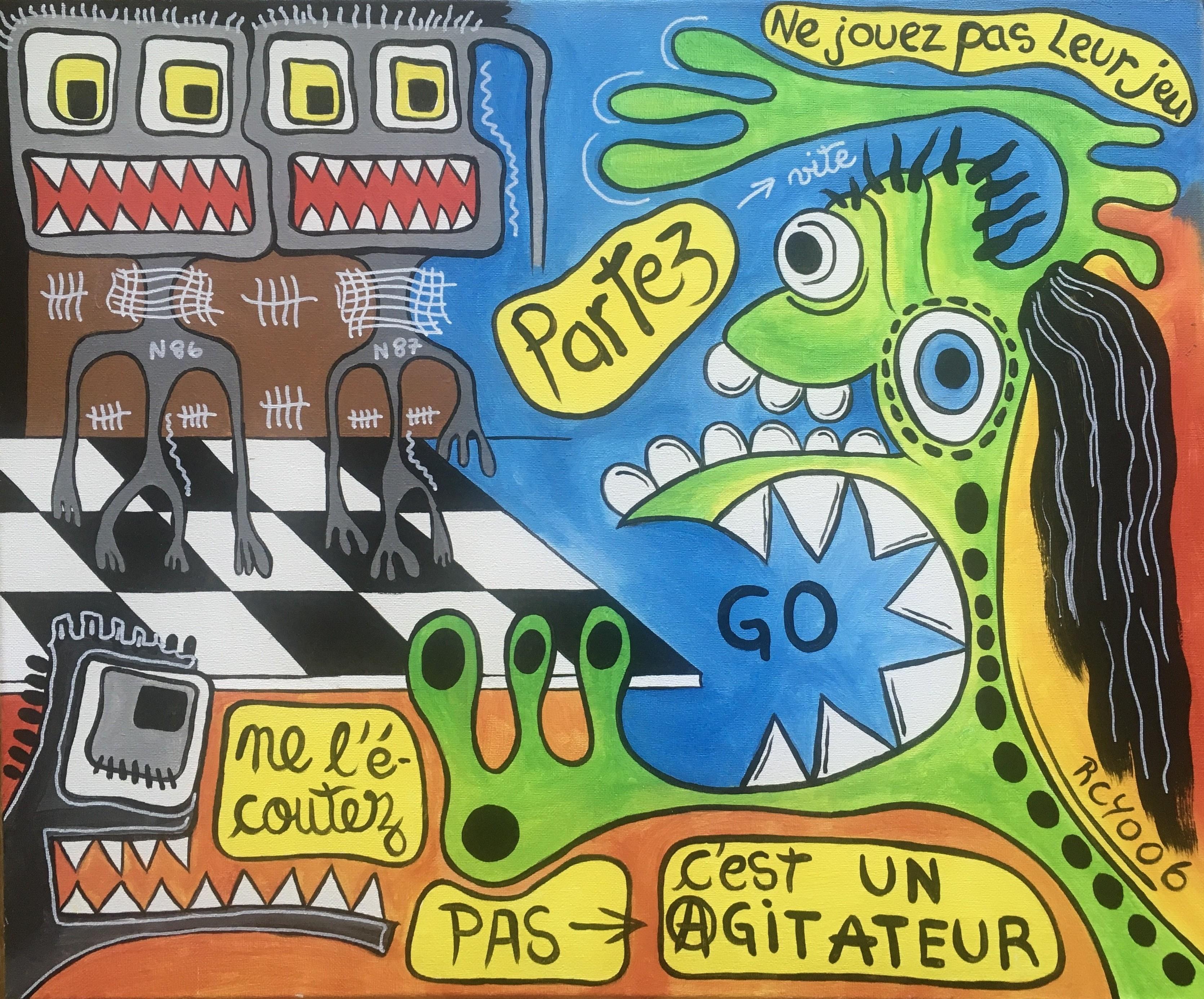 "GO" by Jean Jaques Royo, 2006	
Original Acrylic on Canvas	
21.3 x 25.6 inches / 54 x 65 cm	
Hand-signed by the Artist 

Self-taught artist, Jean-Jacques Royo (*1955, Pau, France) spent his childhood scribbling drawings during his school hours.