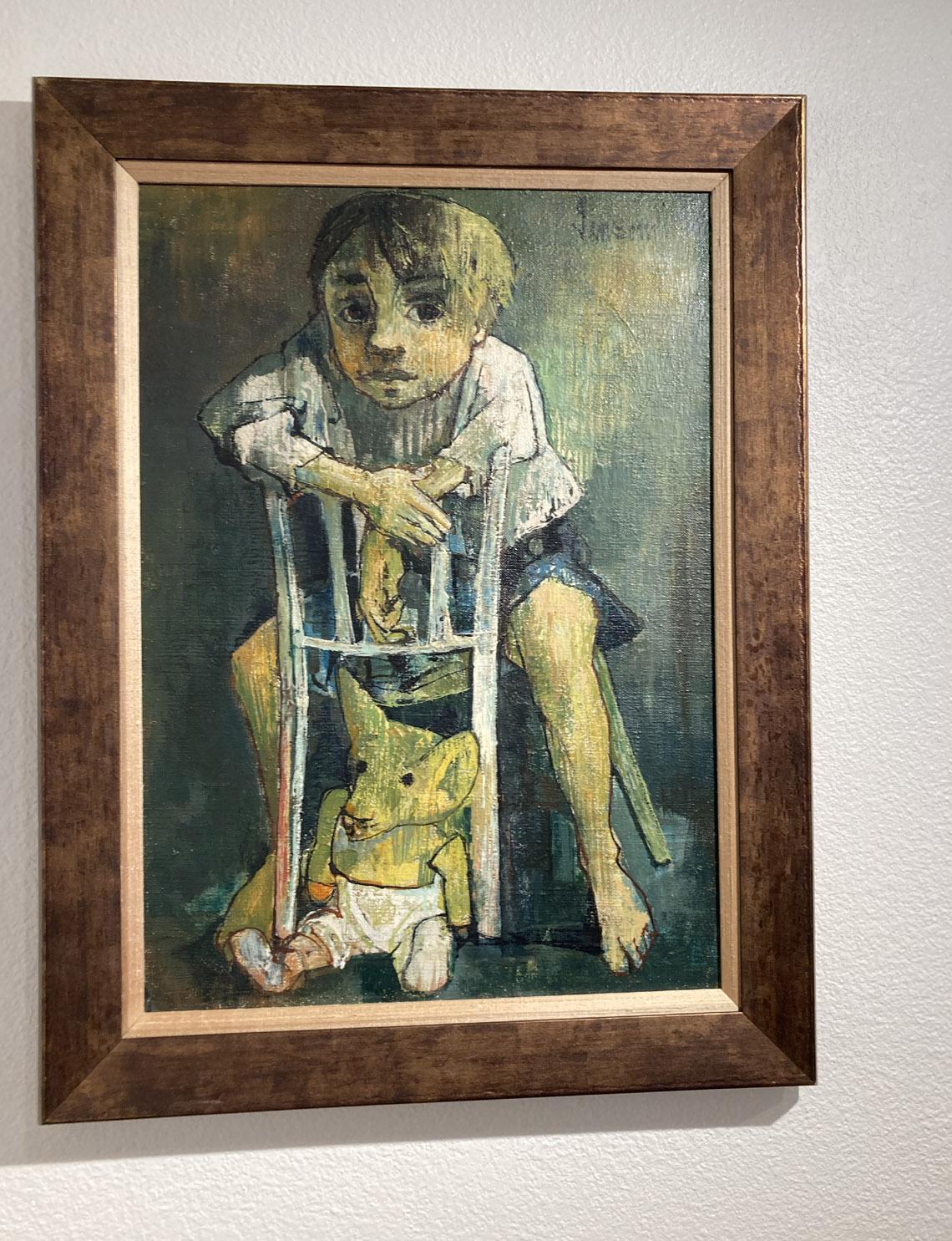 Portrait of a child with a teddy. - Gray Portrait Painting by Jean Jansem
