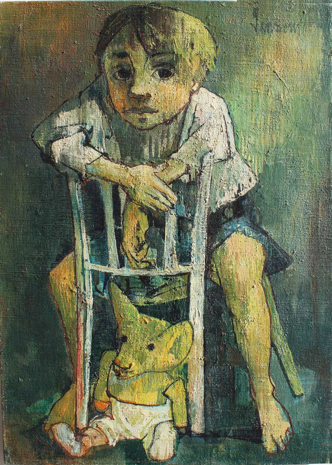Jean Jansem Portrait Painting - Portrait of a child with a teddy.