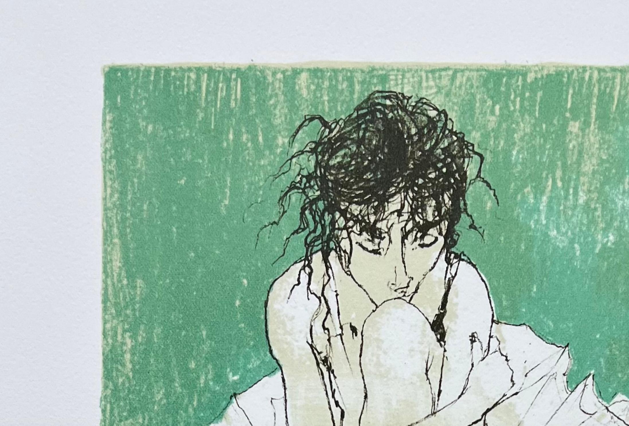 Ballerine sur fond vert, 1995, litografia originale di Jean Jansem, firmata da lui. in vendita 2