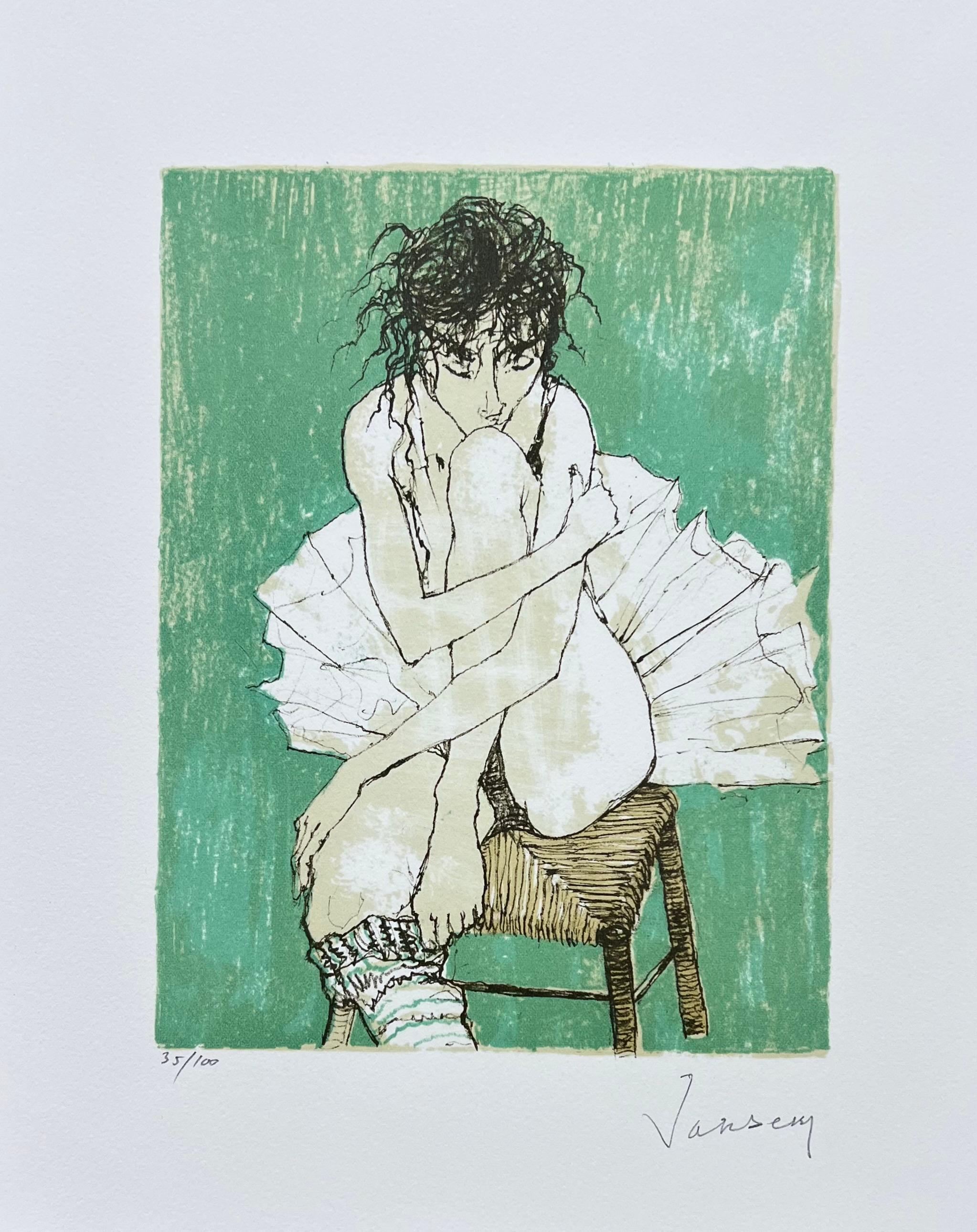 Ballerine sur fond vert, 1995, lithographie originale de Jean Jansem, signée à la main
