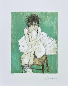 Ballerine sur fond vert, 1995, lithographie originale de Jean Jansem, signée à la main