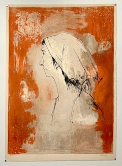 French Armenian Jean Jansem Lithograph Mod Woman in Orange Hand Signed Modernist