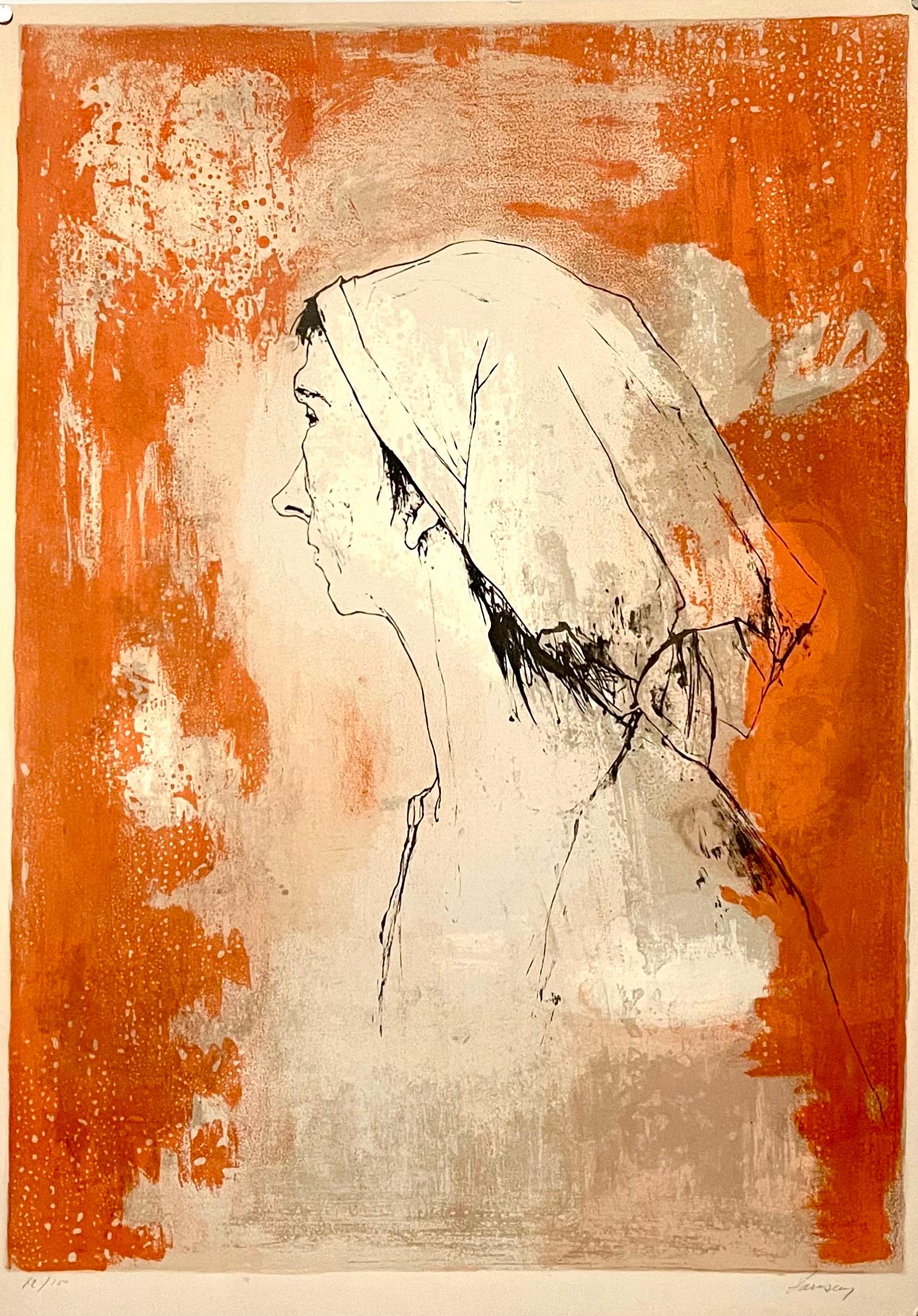 Jean Jansem, Armenische Lithographie „Mod Woman in Orange“, handsigniert, Modernist, Armenisch