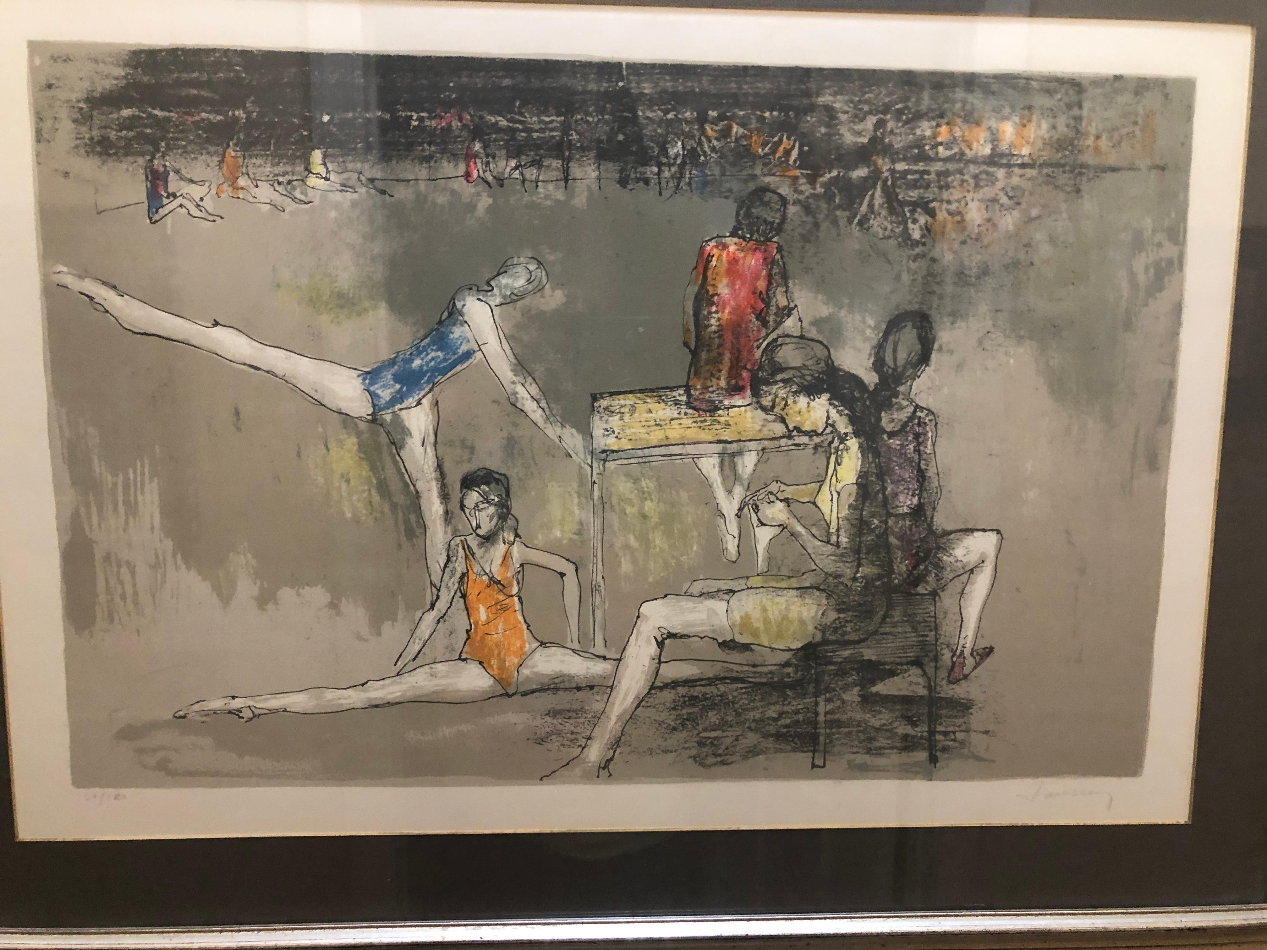 Jean Jansem: 1920-2013. Well listed French Armenian Artist with auction results over $103,000 for paintings and over $3700 for prints. This fabulous colored  lithograph of young ballet dancers in the foreground and in the background Measures
