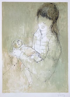 Jeune fille à la poupée, 1983, original lithograph by Jean Jansem, handsigned 