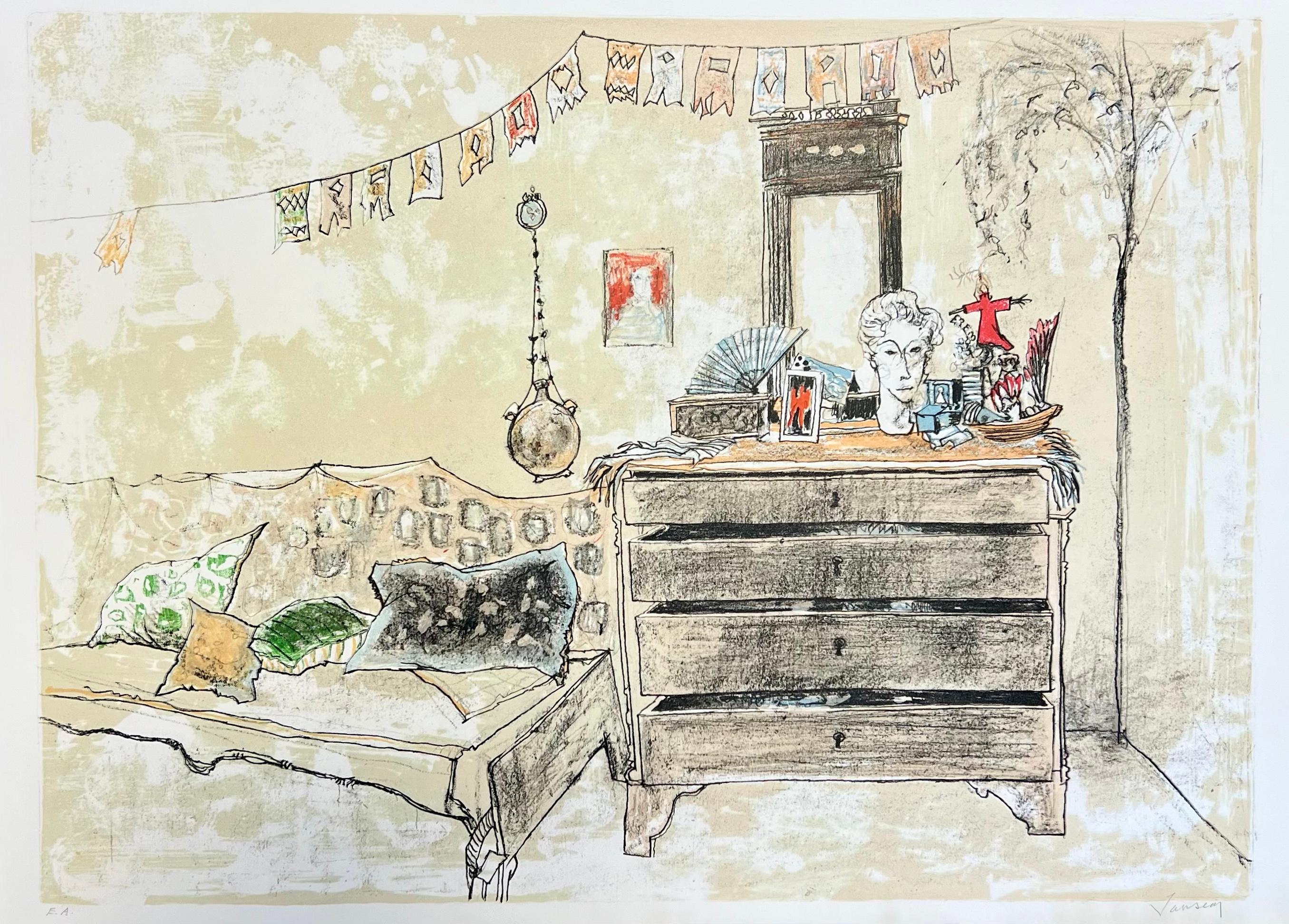 La commode, 1986, litografia originale di Jean Jansem, firmata da lui stesso