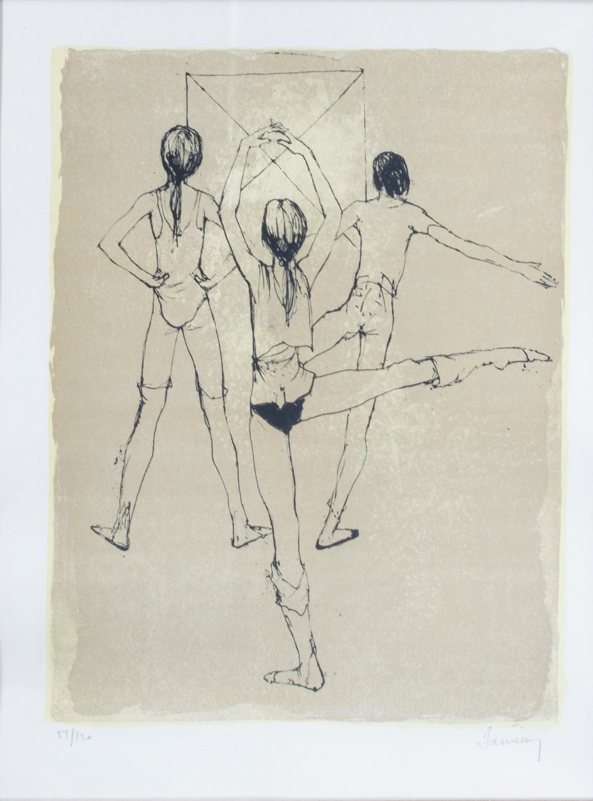 "La Danse" is a print signed by Jean Jansem. Three ballerinas face away from the viewer and are in different positions. One is in the back closest to the viewer, her hands are held high and her right leg is extended to the right. In front of her to