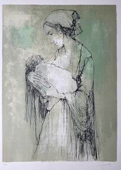 Maternité bleue, 1977, original lithograph by Jean Jansem, handsigned