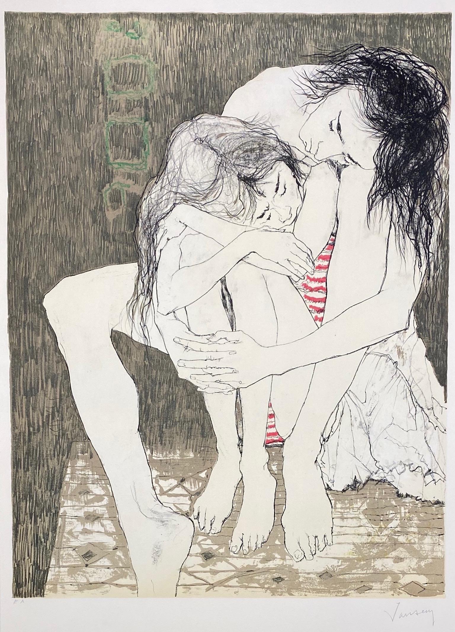 Jean Jansem (1920-2013)
Mère et enfant, 1989
Lithographie sur papierJapon, justifiée et numérotée
Signée en bas à droite
67 x 50,5 cm / 76 x 54 cm

Bibliographie:
CR Jansem, 1993, n°69

"Ma première lithographie date de 1954. Elle représente un