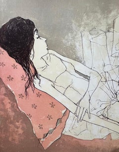Ophélie au coussin rose, 1993, original lithograph by Jean Jansem handsigned