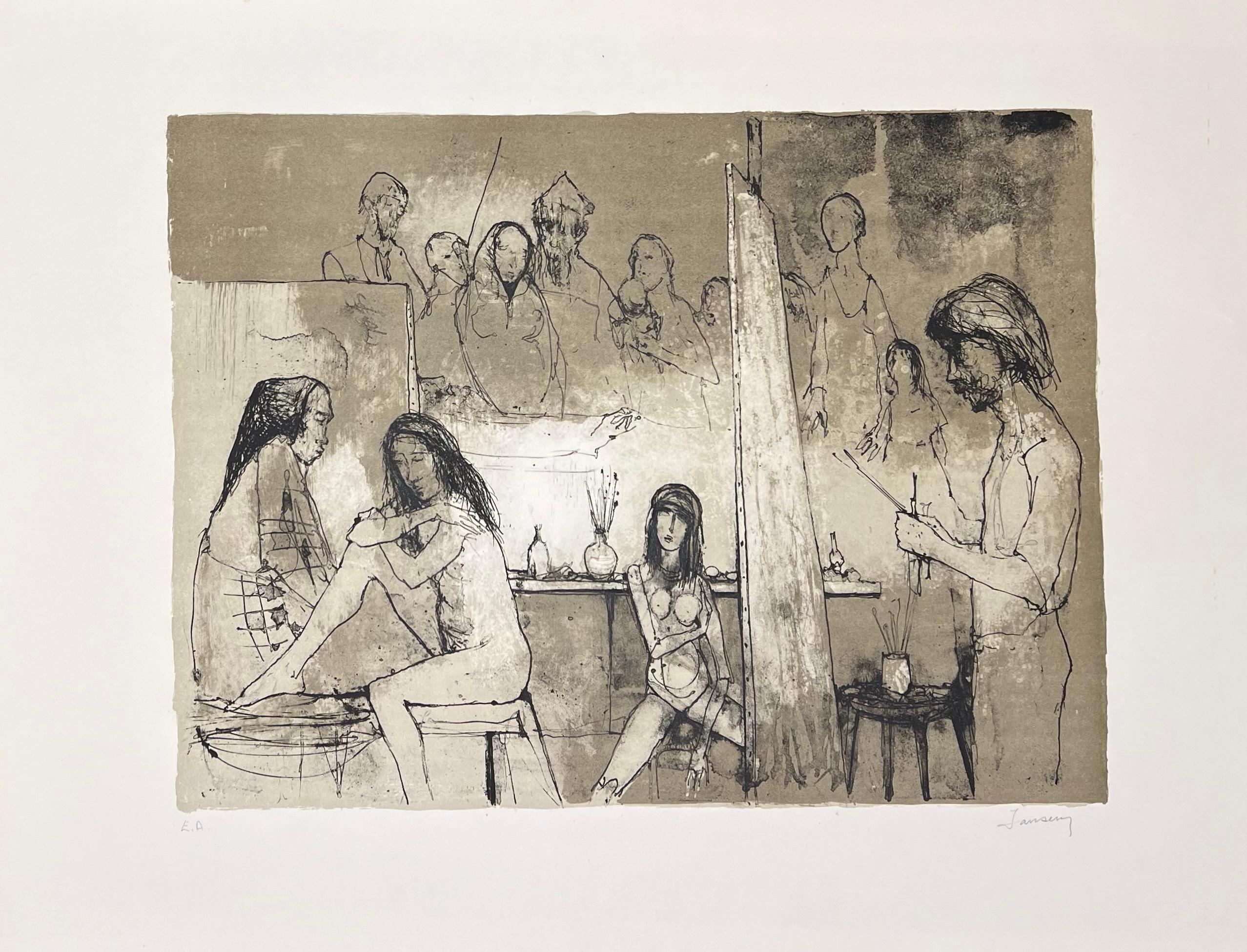 Jean Jansem (1920-2013) 
Peintre dans son atelier, 1969
Lithographie sur papier Rives
Signée en bas à droite et justifiée en bas à gauche 
39 x 52 cm / 56 x 76 cm

D'une édition à 120 exemplaires 

Bibliographie :
Jansem Lithographe, 1954-1983, de