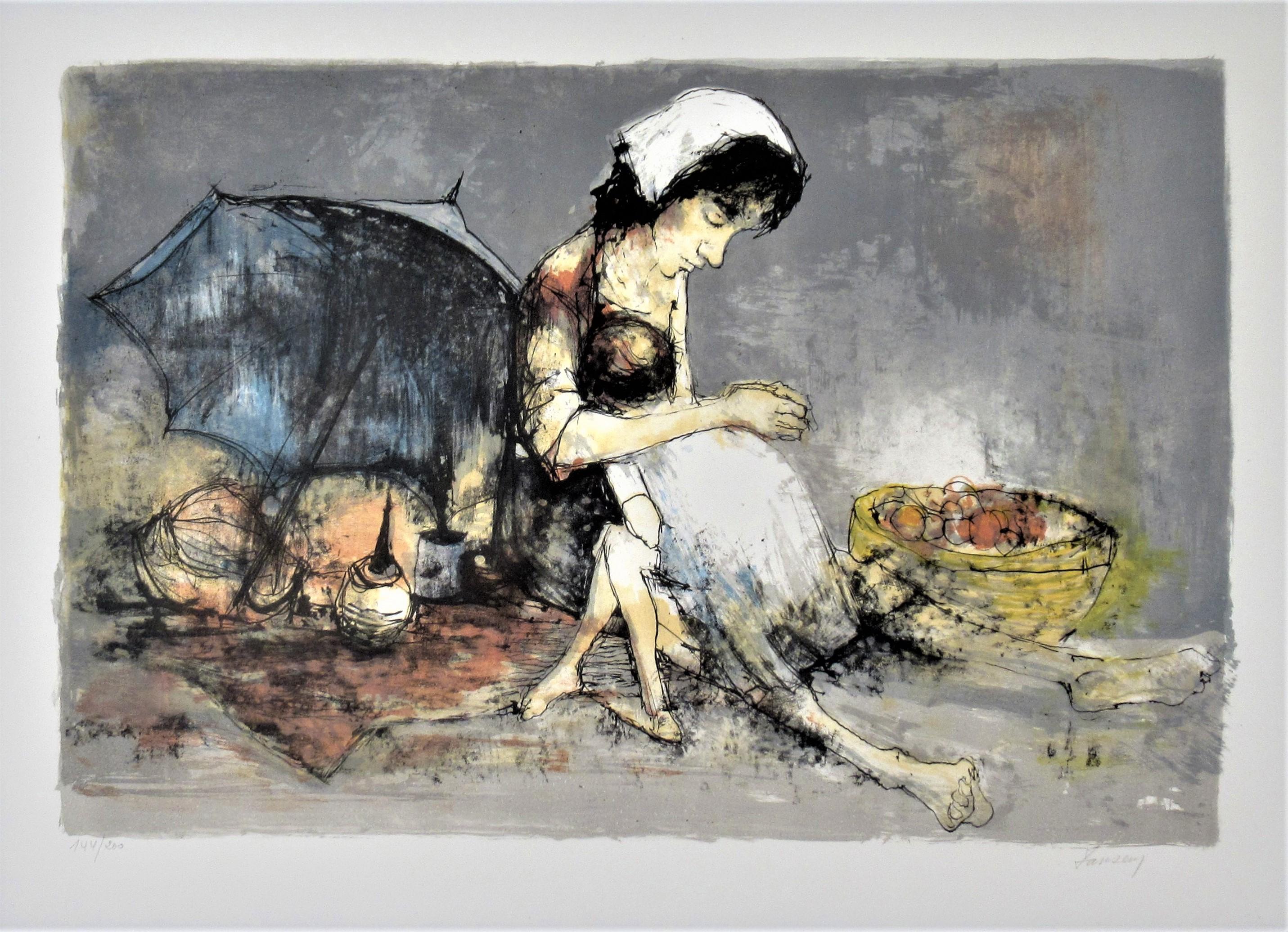 Steet Vendor mit kleinem Mädchen – Print von Jean Jansem