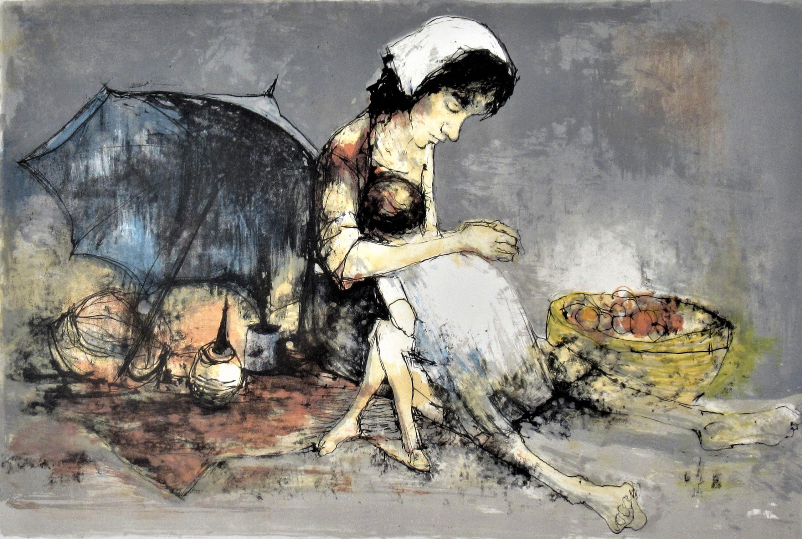 Steet Vendor mit kleinem Mädchen (Expressionismus), Print, von Jean Jansem
