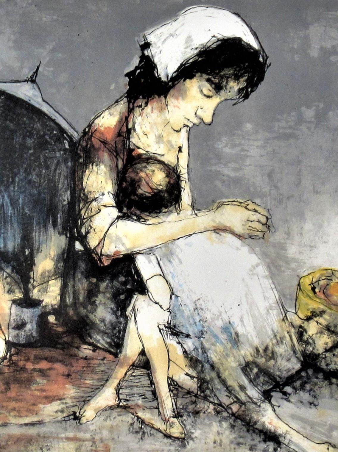 Venteur à carreaux avec petite fille - Gris Figurative Print par Jean Jansem