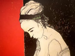 Sylvie, fond rouge, 1995, original lithograph by Jean Jansem, handsigned