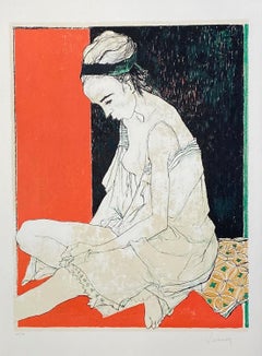 Sylvie, fond rouge, 1995, original lithograph by Jean Jansem, handsigned