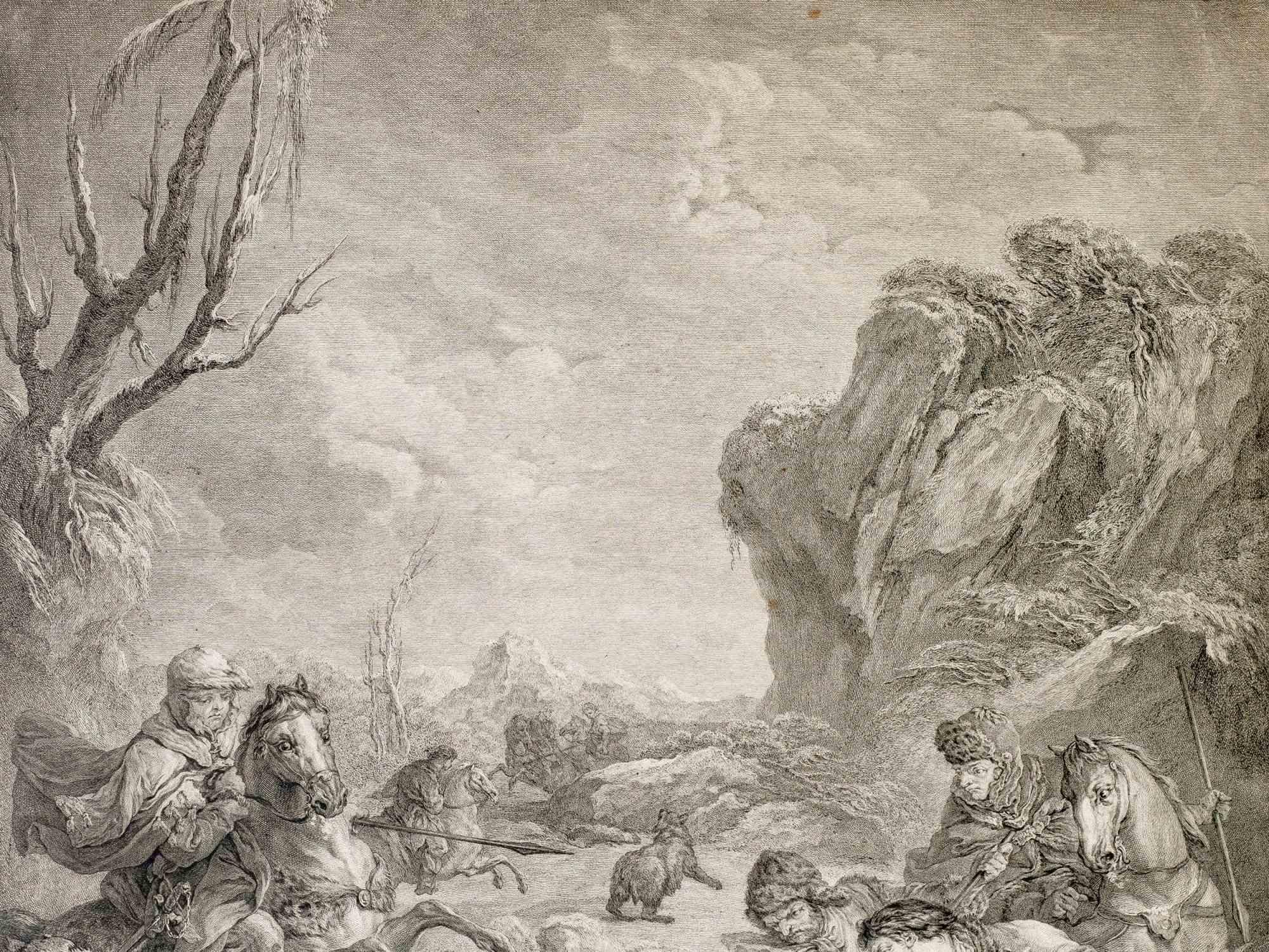 La chasse à l'ours - eau-forte de Jean Jaques Flipart - 18ème siècle en vente 1