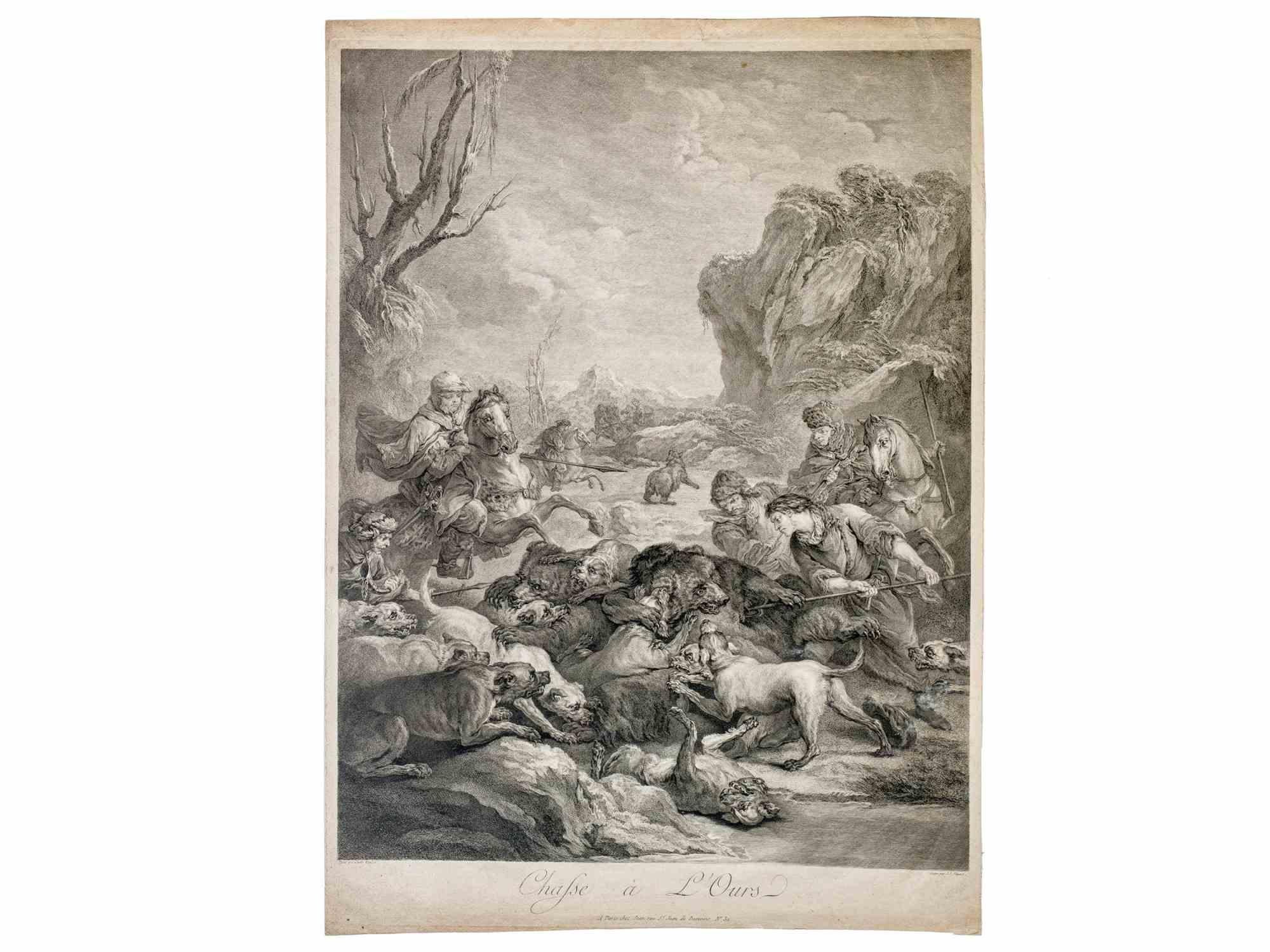 La chasse à l'ours est une œuvre d'art ancienne réalisée par Jean Jaques Flipart (1709 - 1782) à la fin du 18e siècle.

Dimensions de la feuille 37,5 x 52 cm

Titre imprimé sur la plaque.