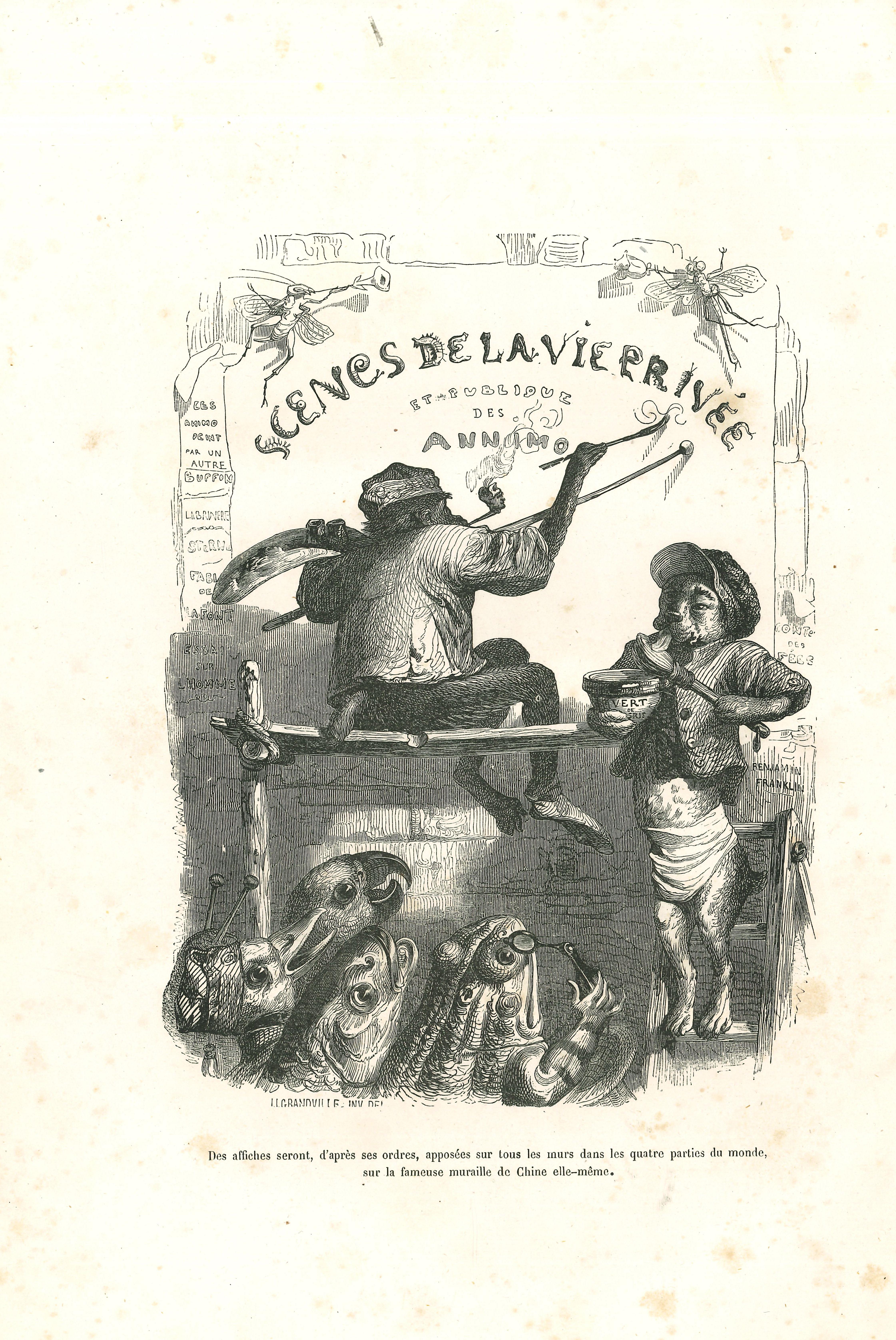 Jean Jeacques Grandville Figurative Print - Announcement of Monkey Painter and Mr.Dog, His Assistant by J.J Grandville-1852
