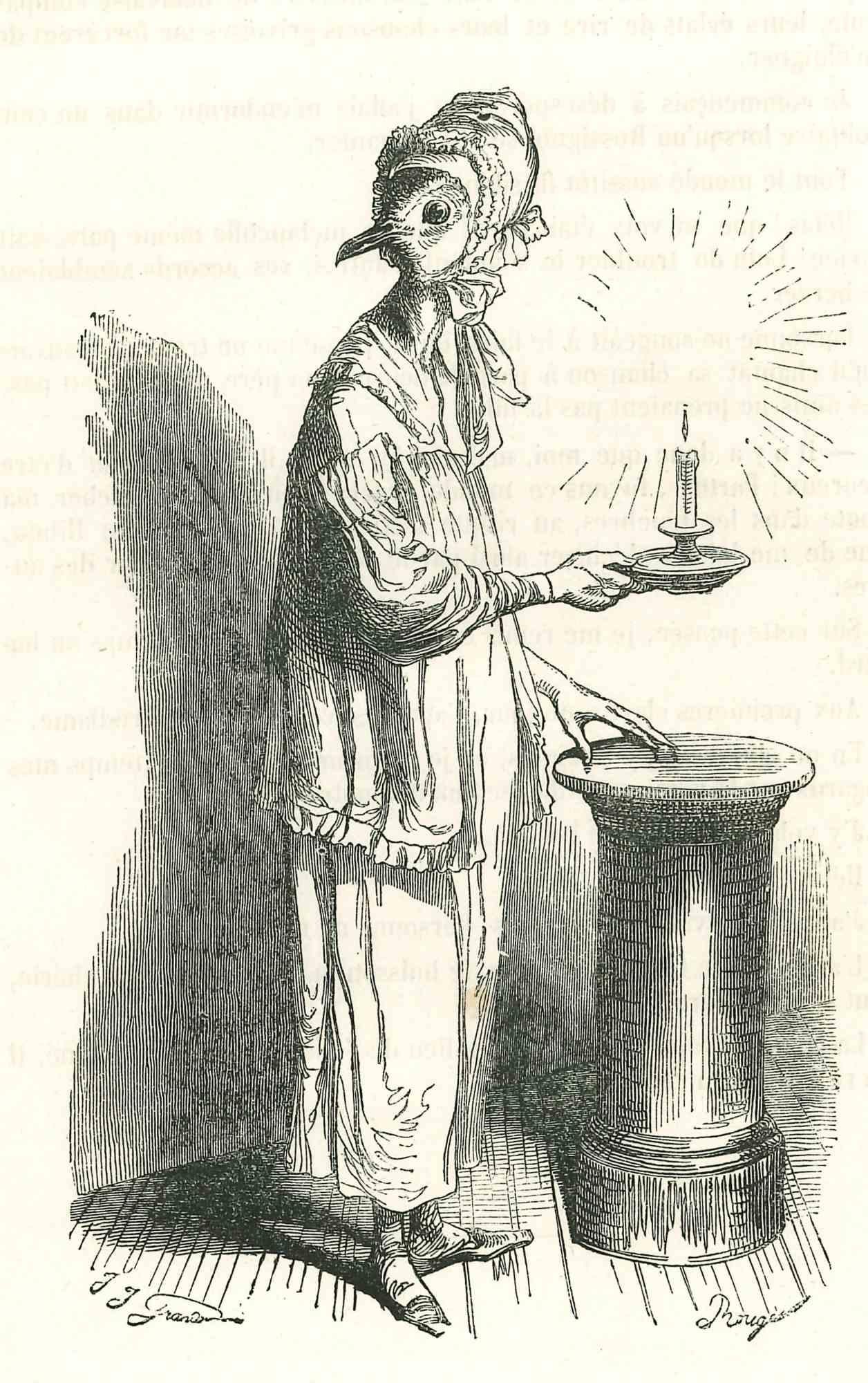 Bird Maid With a Candle è una litografia originale su carta color avorio realizzata da J.J. Grandville da Scènes de la vie privée et publique des animaux, 1852. Pubblicato da Manesq & Harvard, Parigi. 

Firmato sul piatto.

Buone