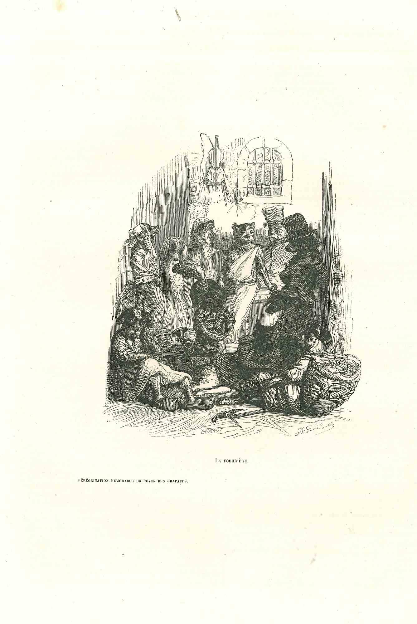 Jean Jeacques Grandville Figurative Print - Desperate Musical Band of Dogs - La Fourrière-Lithograph by J.J Grandville- 1852