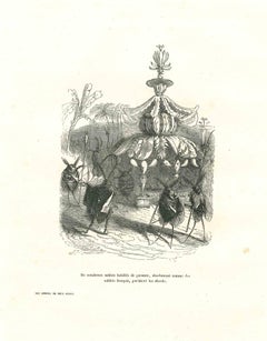 Antique Flies Soldiers Guarding In The Wood - Lithograph by J.J Grandville - 1852