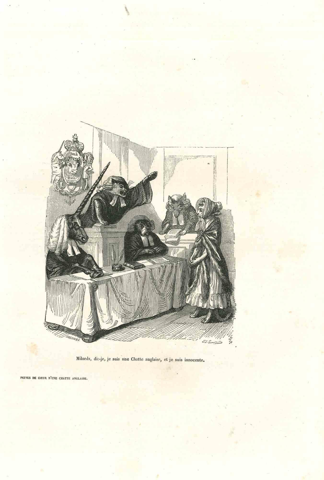 Jean Jeacques Grandville Figurative Print - Innocent Mrs. Cat In The Court - Lithograph by J.J Grandville - 1852