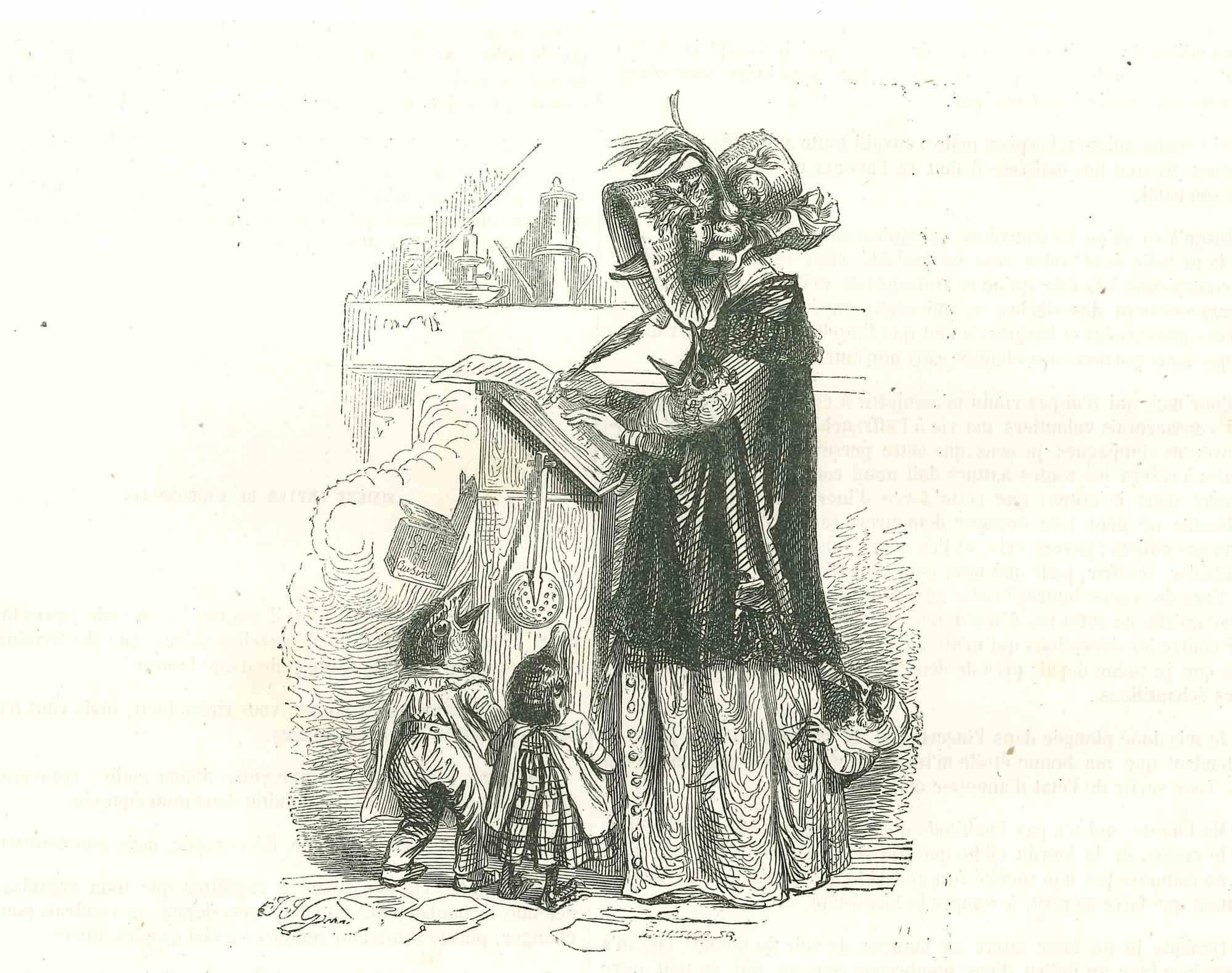 Commande de canard Mama Duck pour cuisine - Lithographie originale de J.J Grandville - 1852