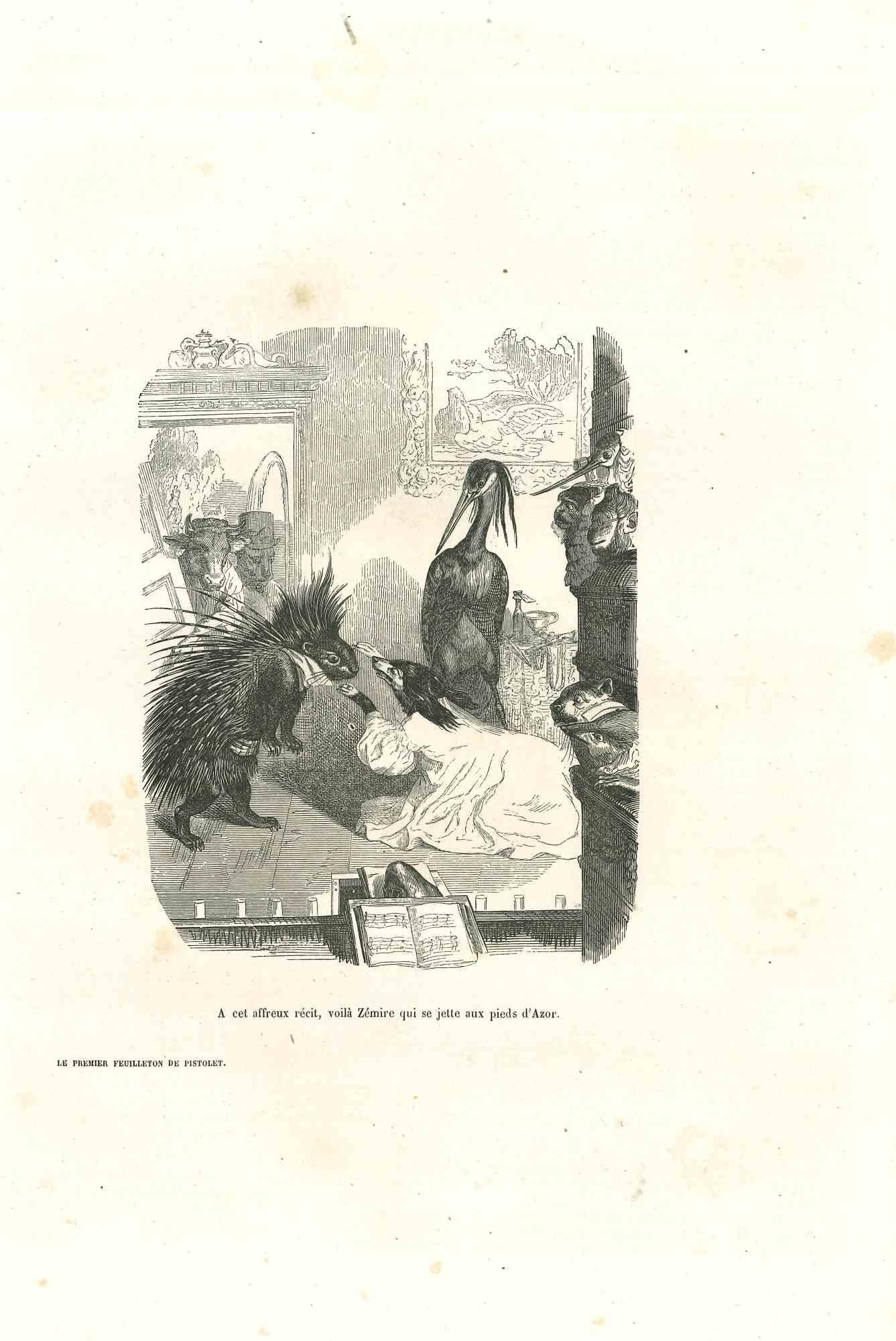 Jean Jeacques Grandville Animal Print - Miss. Wolf Greeting Mr. Hedgehog - Original Lithograph by J.J Grandville-1852