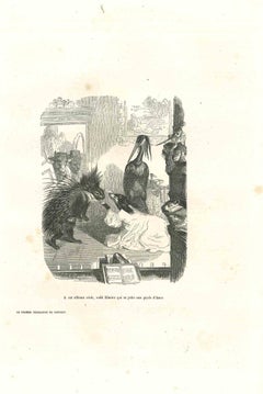 Antique Miss. Wolf Greeting Mr. Hedgehog - Original Lithograph by J.J Grandville-1852