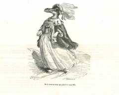 Antique Miss.Bird  " Don't  Find Her Pretty?" - Lithograph by J.J Grandville - 1852