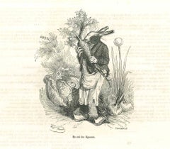 Mr. Bunny Eating A Big Carrot - Lithograph by J.J Grandville - 1852