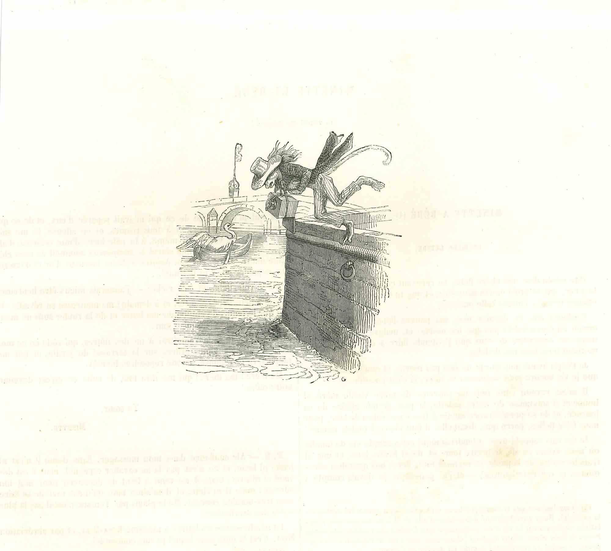 Jean Jeacques Grandville Animal Print - Mr. Monkey Drowning Himself - Original Lithograph by J.J Grandville - 1852
