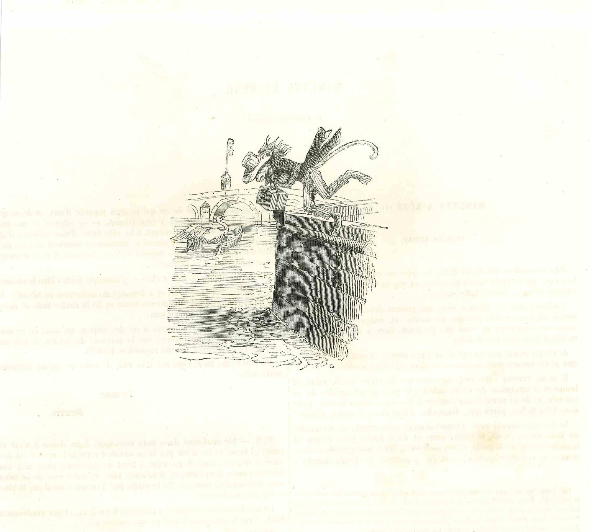 El Sr. Mono Ahogándose es una litografía original sobre papel color marfil realizada por J.J. Grandville de Scènes de la vie privée et publique des animaux, 1852. Publicado por Manesq & Harvard, París. 

Buenas condiciones.

Con la nota en francés