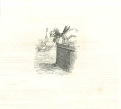 M. Monkey Drowning Himself - Lithographie originale de J.J Grandville - 1852