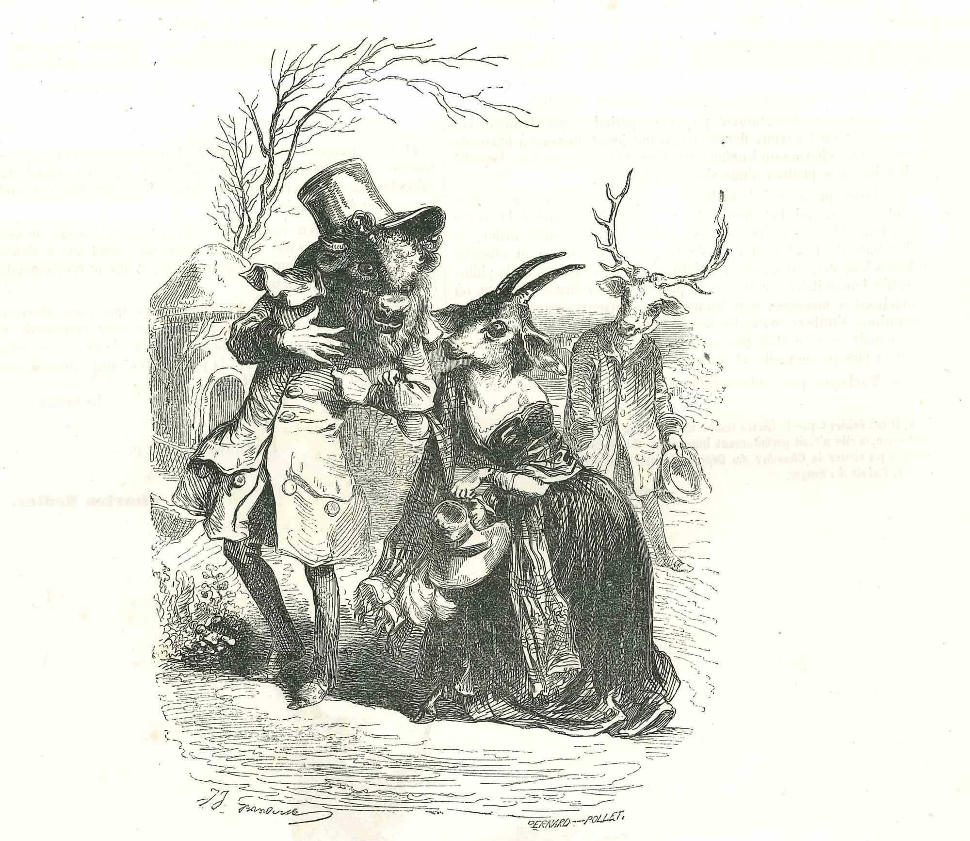 Mr.Ox Flirting with Miss.Goat - Original Lithograph by J.J Grandville - 1852