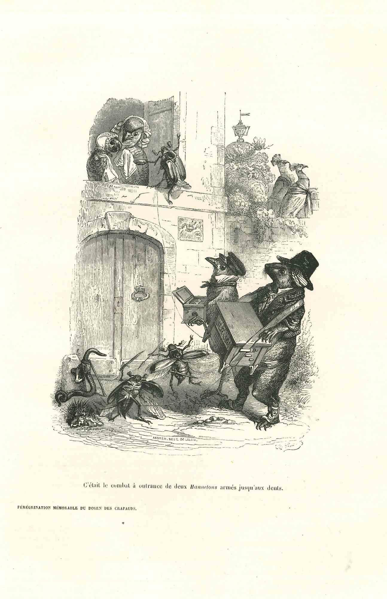 Jean Jeacques Grandville Animal Print - Mr.Rat and Postman Sparrow Carrying Boxes-Lithograph by J.J Grandville- 1852