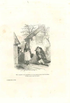 Mr.Wolf Hood Saluting Mrs. Hen and Her Husband-Lithograph by J.J Grandville-1852