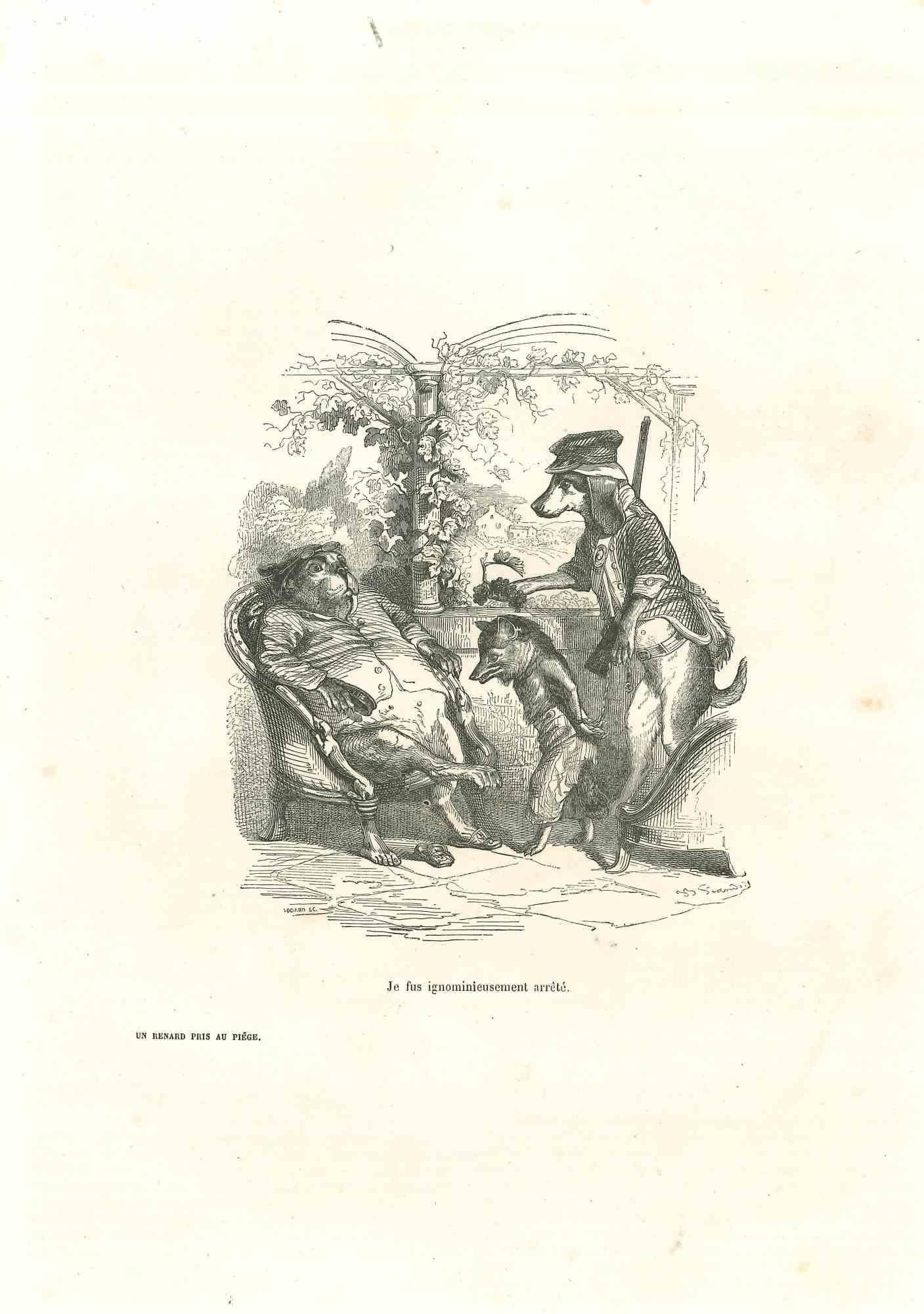 Jean Jeacques Grandville Animal Print - Offering Grapes by Servant Dog to His Majesty-Lithograph by J.J Grandville-1852