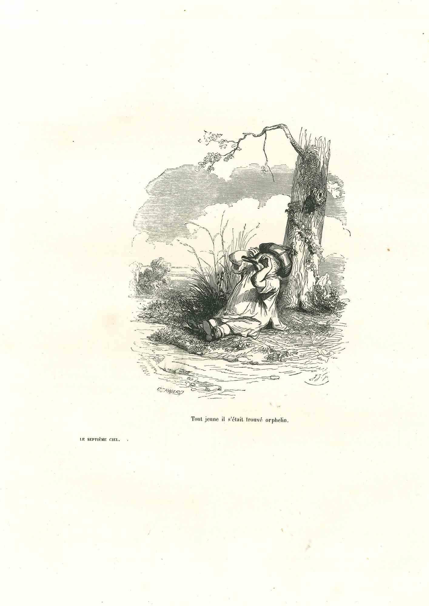 Jean Jeacques Grandville Figurative Print - Orphan Bird "Tout Jeune il s'était trouve orphelin" by J.J Grandville - 1852