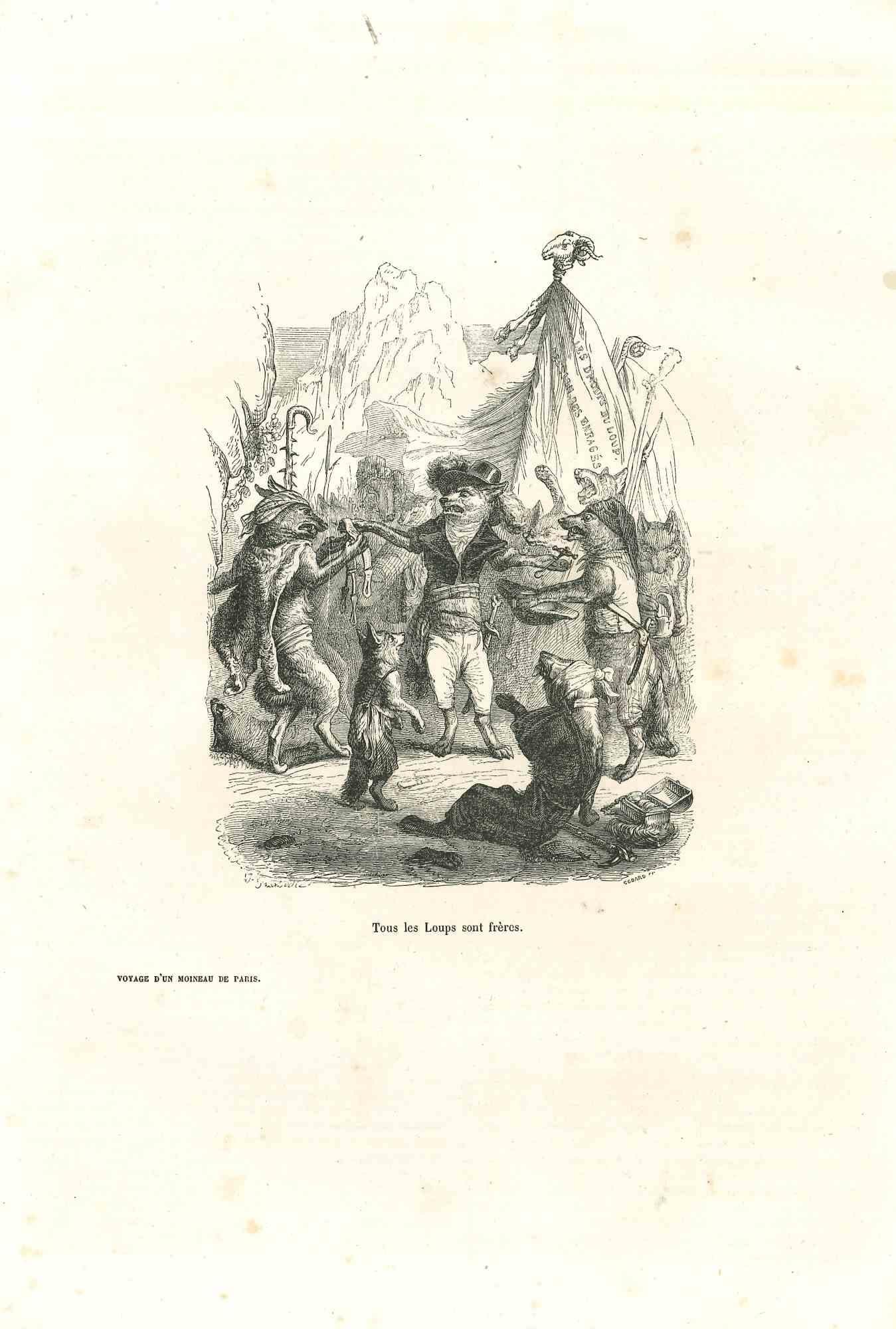Jean Jeacques Grandville Figurative Print - Outlaw Hero Wolf and Rebellion - Original Lithograph by J.J Grandville - 1852