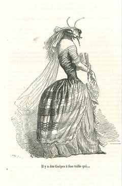 La mariée en forme d'abeille - Lithographie originale de J.J Grandville - 1852